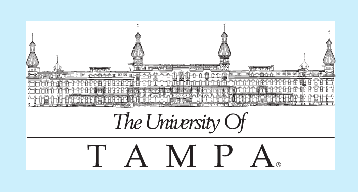 The University of Tampa logo, primary, horizontal, with building illustration variant