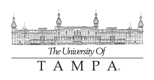 The University of Tampa logo, primary, horizontal, with building illustration variant