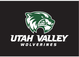mascot head with Utah Valley Wolverines wordmark, white on black variant, cell 7