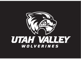 mascot head with Utah Valley Wolverines wordmark, white and black on black variant, cell 8