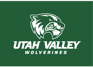 mascot head with Utah Valley Wolverines wordmark, white on green variant, cell 9
