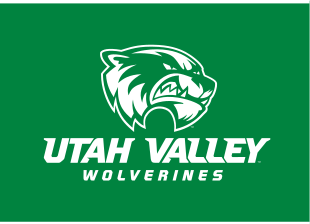 mascot head with Utah Valley Wolverines wordmark, white and green on green variant, cell 10