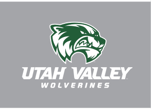 mascot head with Utah Valley Wolverines wordmark, green on gray variant, cell 11