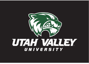mascot head with Utah Valley University wordmark, white on black variant, cell 13
