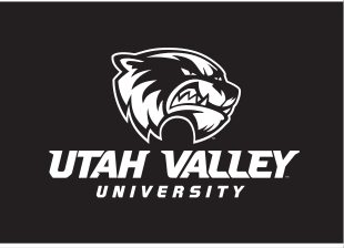 mascot head with Utah Valley University wordmark, white and black on black variant, cell 14