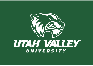 mascot head with Utah Valley University wordmark, white on green variant, cell 15