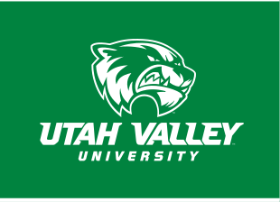 mascot head with Utah Valley University wordmark, white and green on green variant, cell 16