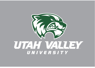 mascot head with Utah Valley University wordmark, green on gray variant, cell 17