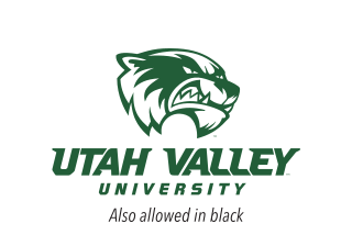 mascot head with Utah Valley University wordmark, green on white variant, cell 18