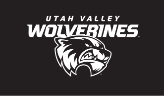 Utah Valley Wolverines wordmark with integrated mascot head, white and black on black variant, cell 20