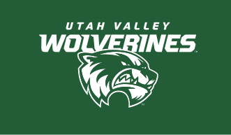 Utah Valley Wolverines wordmark with integrated mascot head, white on green variant, cell 21