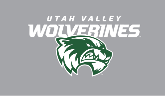 Utah Valley Wolverines wordmark with integrated mascot head, green on gray variant, cell 23