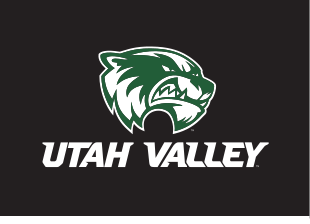 mascot head with Utah Valley wordmark, white on black variant, cell 25