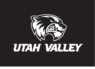 mascot head with Utah Valley wordmark, white and black on black variant, cell 26