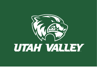 mascot head with Utah Valley wordmark, white on green variant, cell 27
