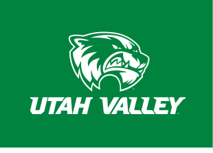 mascot head with Utah Valley wordmark, white and green on green variant, cell 28