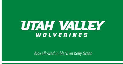 UTAH VALLEY WOLVERINES wordmark with head, white on kelly green variant, cell 52
