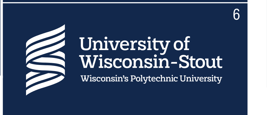 University of Wisconsin-Stout logo with tagline, white, horizontal, dark background variant, cell 6