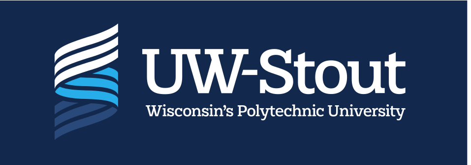 UW-Stout shorthand logo with tagline, full color, horizontal, dark background variant, cell 11