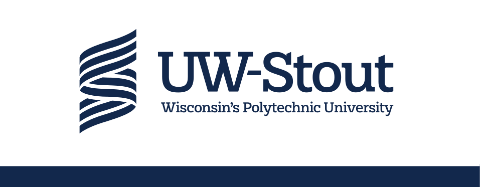 UW-Stout shorthand logo with tagline, monochrome, horizontal, white background variant, cell 13