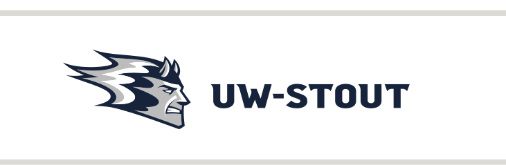 Blue Devil mascot head with UW-STOUT horizontal wordmark, color variant, cell 46