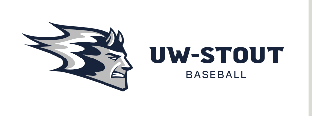 Blue Devil mascot head with UW-Stout wordmark, horizontal Baseball variant, cell 76