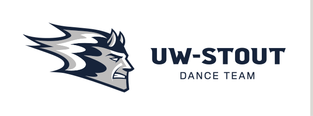 Blue Devil mascot head with UW-Stout wordmark, horizontal Dance Team variant, cell 82