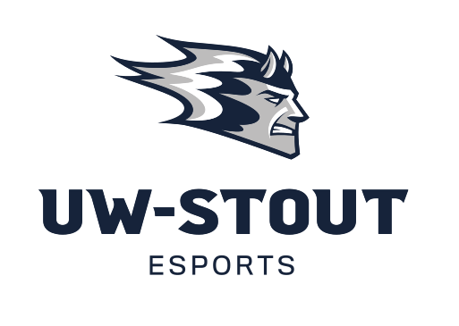 Blue Devil mascot head with UW-Stout wordmark, stacked Esports variant, cell 83