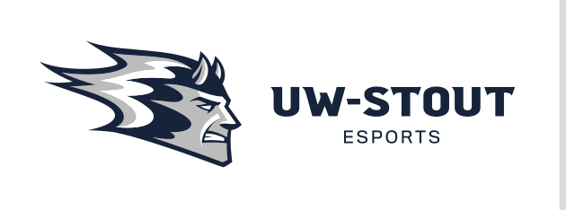 Blue Devil mascot head with UW-Stout wordmark, horizontal Esports variant, cell 84
