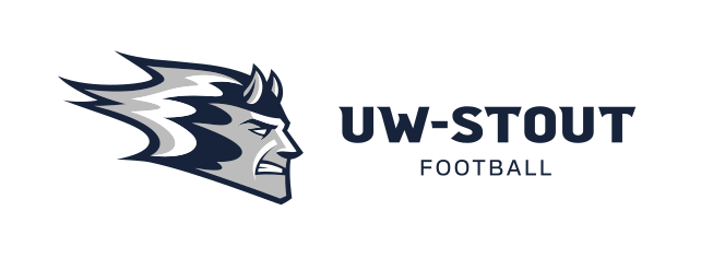 Blue Devil mascot head with UW-Stout wordmark, horizontal Football variant, cell 86
