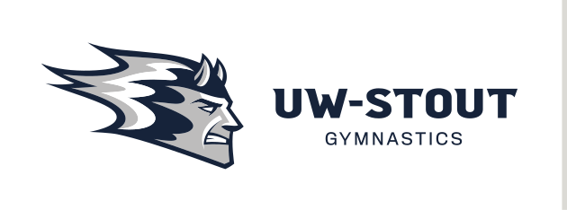 Blue Devil mascot head with UW-Stout wordmark, horizontal Gymnastics variant, cell 90