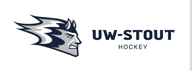 Blue Devil mascot head with UW-Stout wordmark, horizontal Hockey variant, cell 92