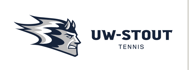 Blue Devil mascot head with UW-Stout wordmark, horizontal Tennis variant, cell 98