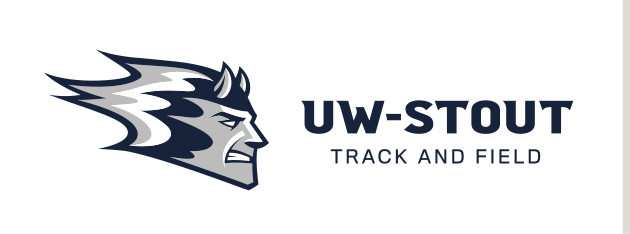 Blue Devil mascot head with UW-Stout wordmark, horizontal Track and Field variant, cell 100