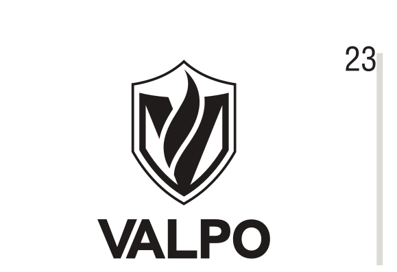 Valpo wordmark with shield, black outline variant, cell 23