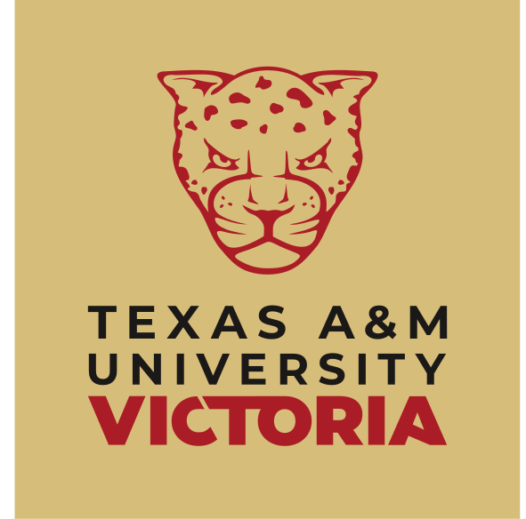 Texas A&M University Victoria secondary mark, stacked red on dark gold variant, cell 13