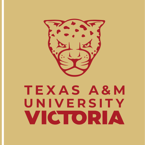 Texas A&M University Victoria secondary mark, stacked red on light gold variant, cell 14