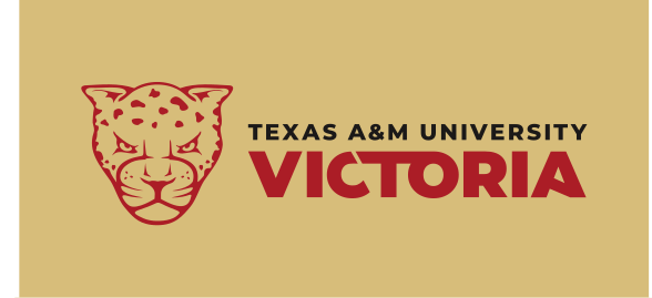 Texas A&M University Victoria secondary mark, horizontal red on dark gold variant, cell 19