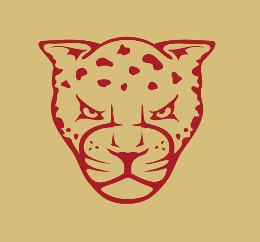Jaguar head mascot mark, red on dark gold variant, cell 26