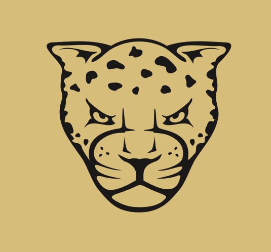 Jaguar head mascot mark, black on light gold variant, cell 27