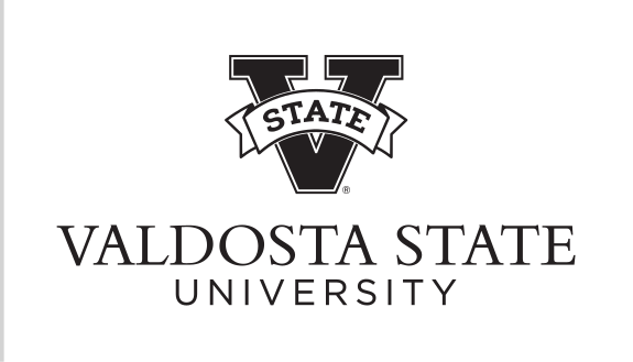 Valdosta State University institutional mark, vertical lockup, black/white on white variant, cell 29
