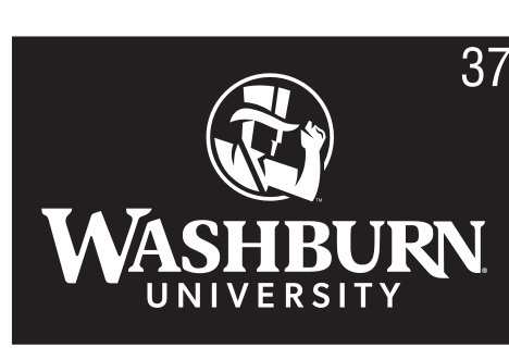 Washburn University logo, stacked, white on black variant, cell 37