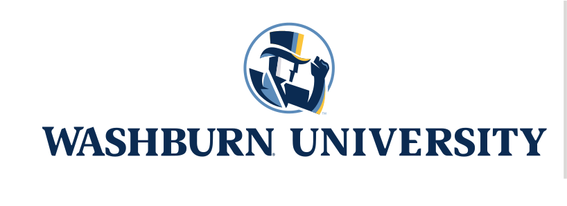 Washburn University logo, wide stacked, blue/white variant, cell 44