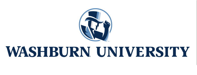 Washburn University logo, wide stacked, blue/white on light grey variant, cell 45
