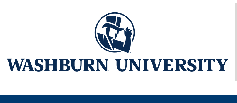 Washburn University logo, wide stacked, white on blue variant, cell 46