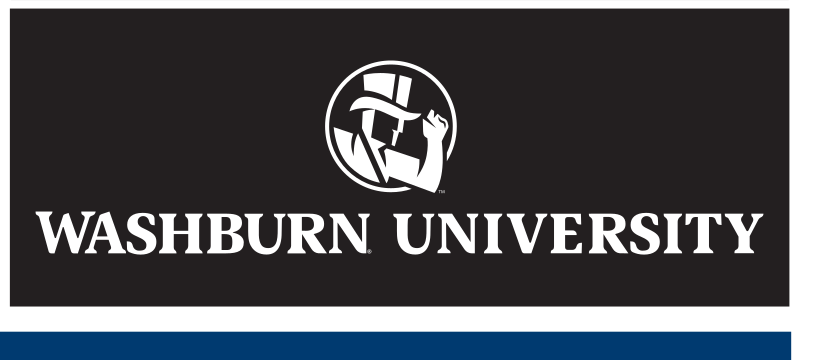 Washburn University logo, wide stacked, white on black variant, cell 49