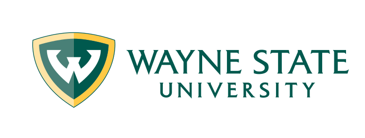 Wayne State University logo, full color, horizontal, 2-line text variant, cell 2