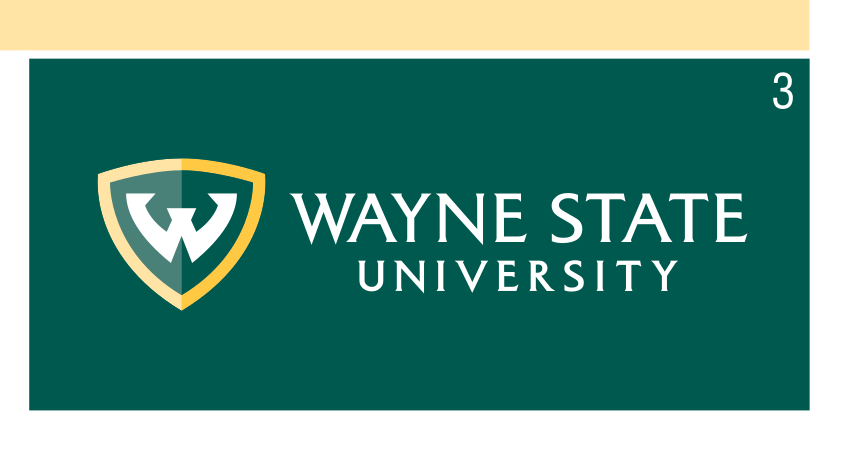 Wayne State University logo, full color on green, horizontal, 2-line text variant, cell 3