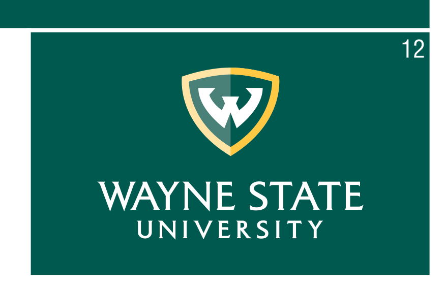 Wayne State University logo, full color on green, stacked variant, cell 12