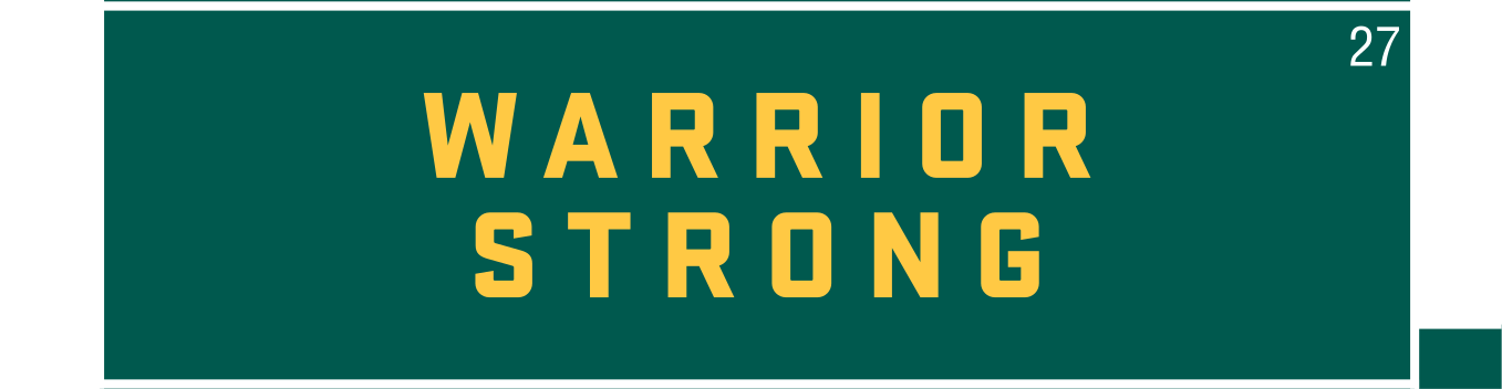 Warrior Strong stacked wordmark, gold on green variant, cell 27